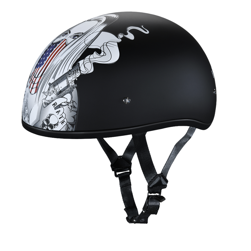 Load image into Gallery viewer, DOT Approved Daytona Motorcycle Half Face Helmet - Skull Cap Graphics for Men & Women, Scooters, ATVs, UTVs & Choppers - W/ Make 'Em Pay