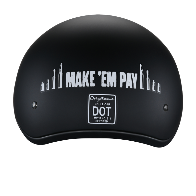 Load image into Gallery viewer, DOT Approved Daytona Motorcycle Half Face Helmet - Skull Cap Graphics for Men, Scooters, ATVs, UTVs &amp; Choppers - W/ Make &#39;Em Pay
