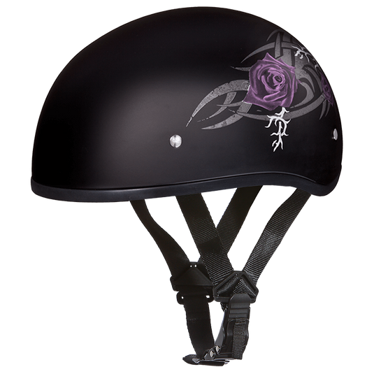 DOT Approved Daytona Motorcycle Half Face Helmet - Skull Cap Graphics for Women, Scooters, ATVs, UTVs & Choppers - W/ Purple Rose