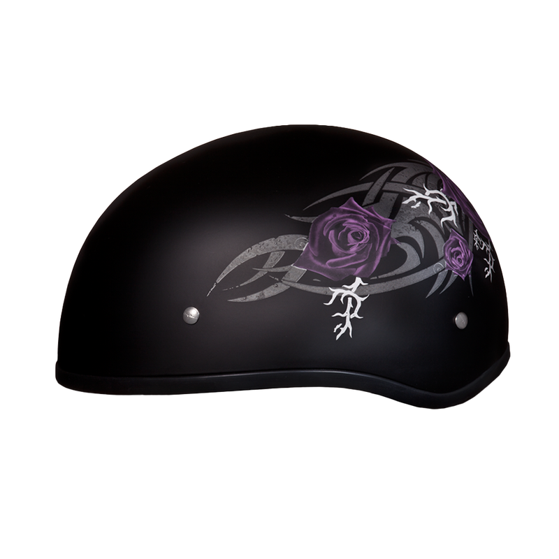 Load image into Gallery viewer, DOT Approved Daytona Motorcycle Half Face Helmet - Skull Cap Graphics for Women, Scooters, ATVs, UTVs &amp; Choppers - W/ Purple Rose
