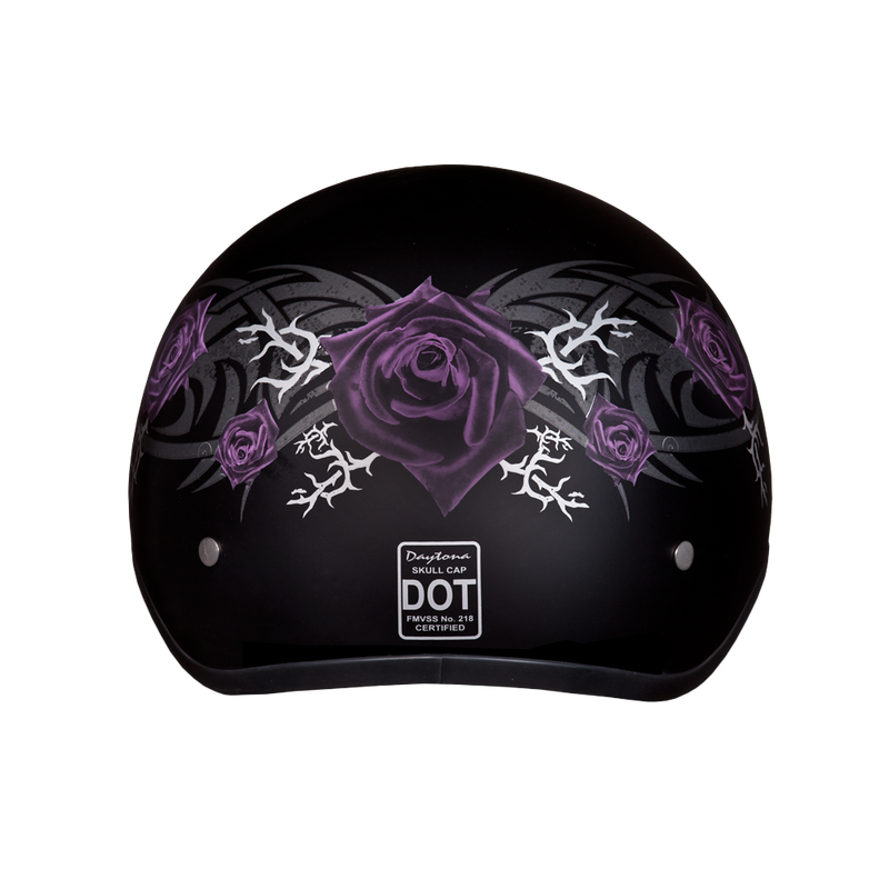 Load image into Gallery viewer, DOT Approved Daytona Motorcycle Half Face Helmet - Skull Cap Graphics for Women, Scooters, ATVs, UTVs &amp; Choppers - W/ Purple Rose
