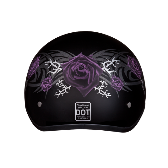 DOT Approved Daytona Motorcycle Half Face Helmet - Skull Cap Graphics for Women, Scooters, ATVs, UTVs & Choppers - W/ Purple Rose
