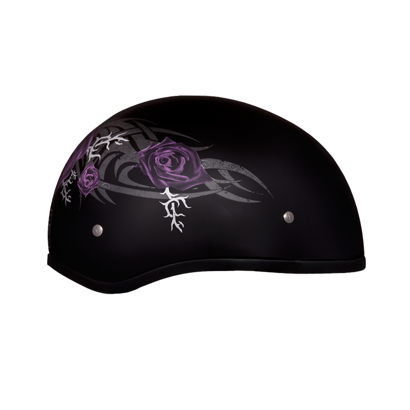 Load image into Gallery viewer, DOT Approved Daytona Motorcycle Half Face Helmet - Skull Cap Graphics for Men, Scooters, ATVs, UTVs &amp; Choppers - W/ Purple Rose
