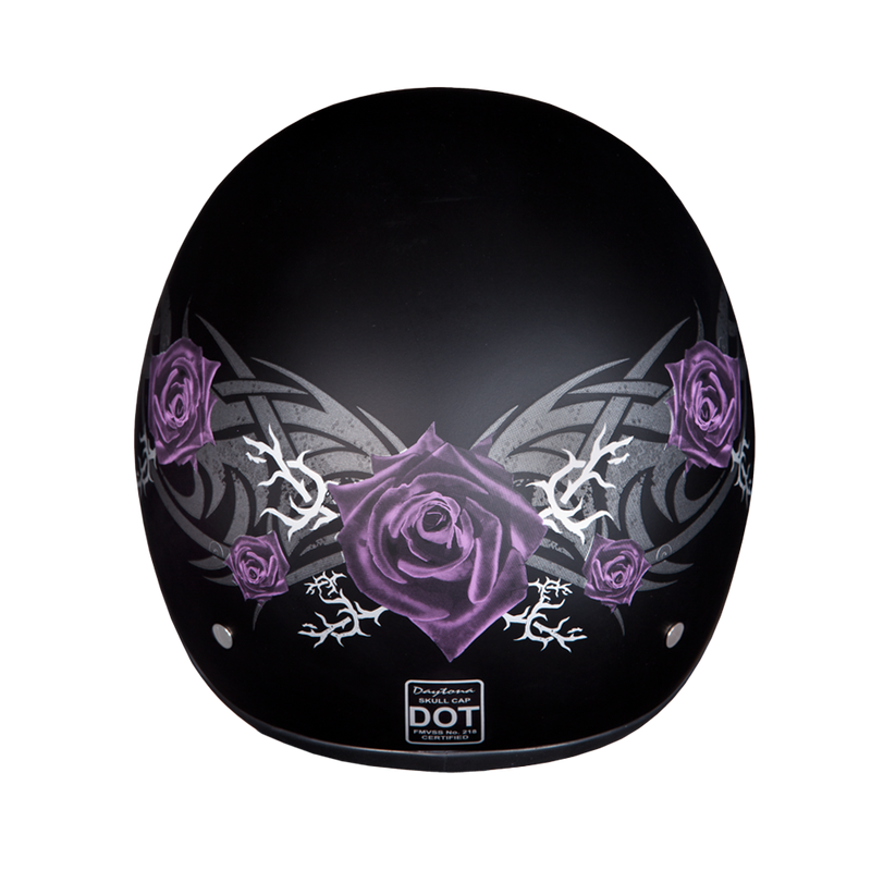 Load image into Gallery viewer, DOT Approved Daytona Motorcycle Half Face Helmet - Skull Cap Graphics for Men &amp; Women, Scooters, ATVs, UTVs &amp; Choppers - W/ Purple Rose
