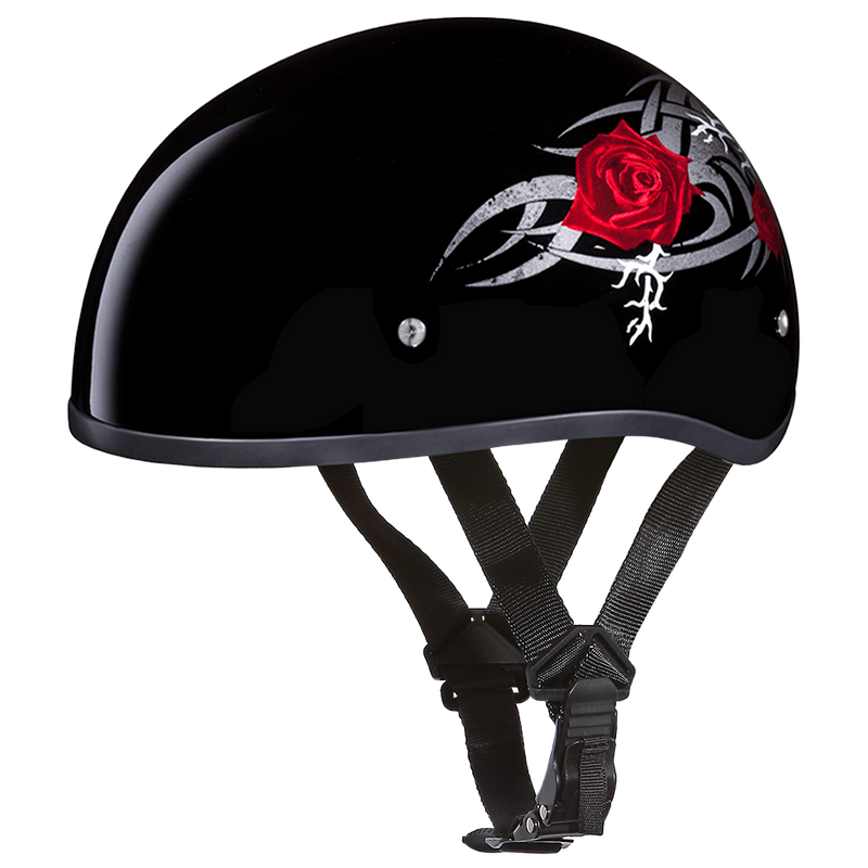 Load image into Gallery viewer, DOT Approved Daytona Motorcycle Half Face Helmet - Skull Cap Graphics for Men & Women, Scooters, ATVs, UTVs & Choppers - W/ Rose