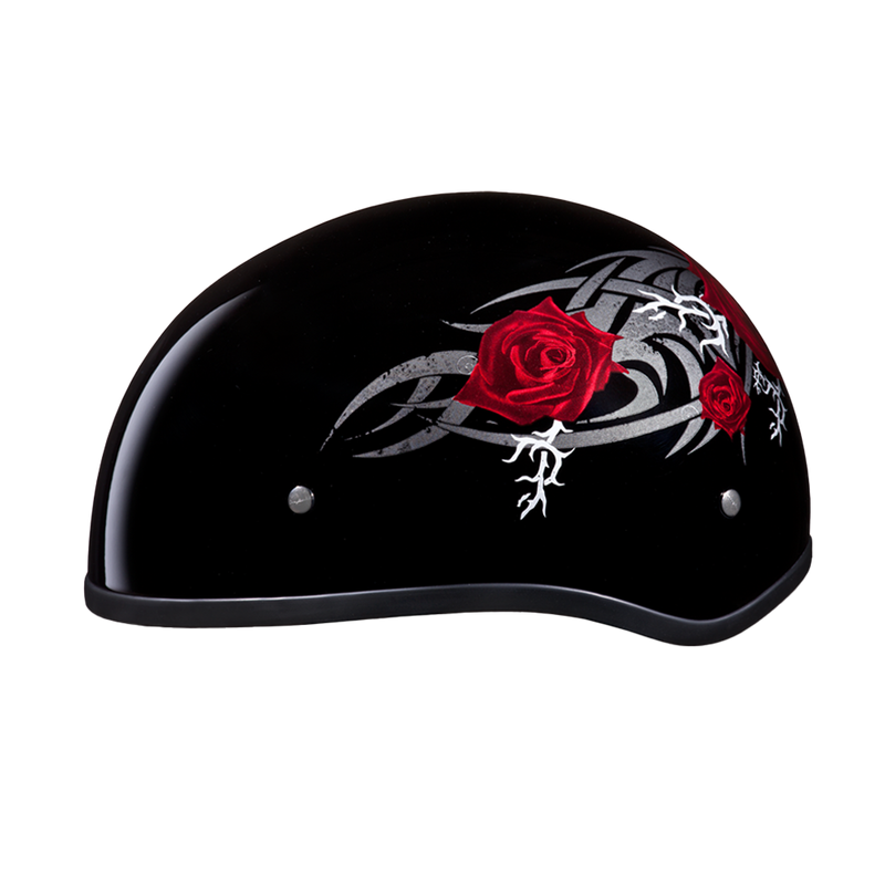 Load image into Gallery viewer, DOT Approved Daytona Motorcycle Half Face Helmet - Skull Cap Graphics for Men &amp; Women, Scooters, ATVs, UTVs &amp; Choppers - W/ Rose
