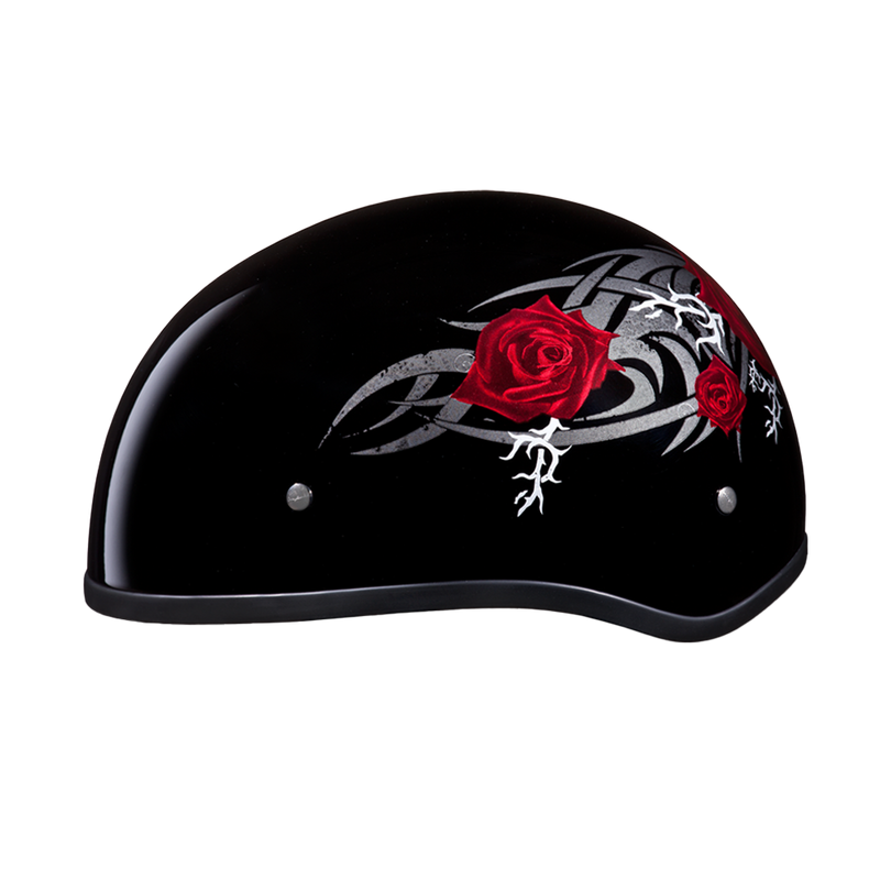 Load image into Gallery viewer, DOT Approved Daytona Motorcycle Half Face Helmet - Skull Cap Graphics for Women, Scooters, ATVs, UTVs &amp; Choppers - W/ Rose
