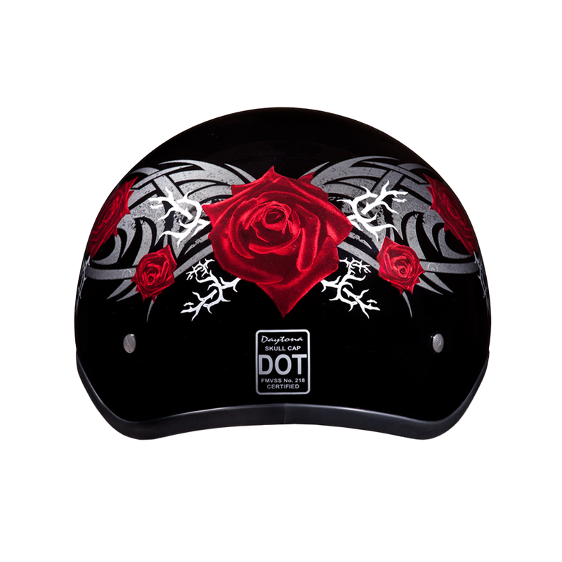 Load image into Gallery viewer, DOT Approved Daytona Motorcycle Half Face Helmet - Skull Cap Graphics for Men &amp; Women, Scooters, ATVs, UTVs &amp; Choppers - W/ Rose

