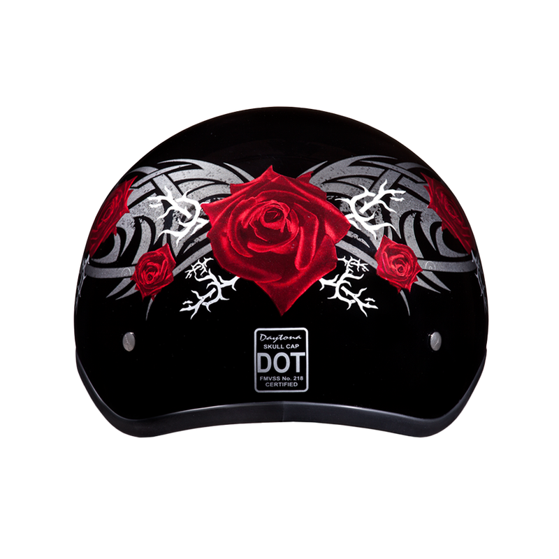 Load image into Gallery viewer, DOT Approved Daytona Motorcycle Half Face Helmet - Skull Cap Graphics for Men & Women, Scooters, ATVs, UTVs & Choppers - W/ Rose