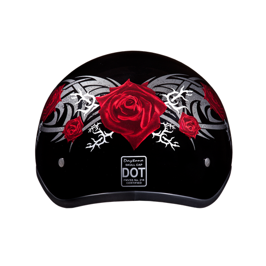 DOT Approved Daytona Motorcycle Half Face Helmet - Skull Cap Graphics for Men & Women, Scooters, ATVs, UTVs & Choppers - W/ Rose