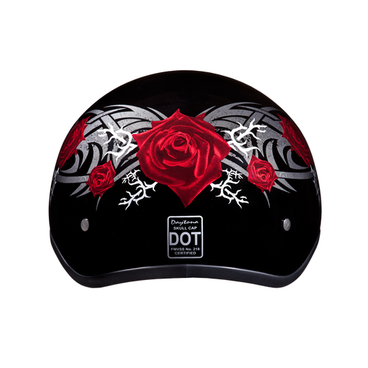 DOT Approved Daytona Motorcycle Half Face Helmet - Skull Cap Graphics for Women, Scooters, ATVs, UTVs & Choppers - W/ Rose