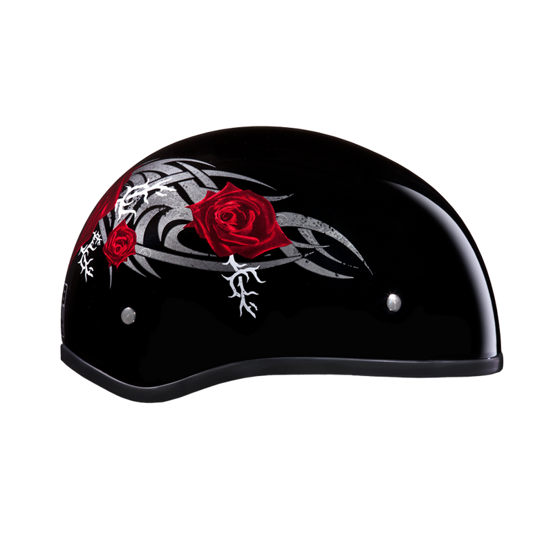 Load image into Gallery viewer, DOT Approved Daytona Motorcycle Half Face Helmet - Skull Cap Graphics for Men & Women, Scooters, ATVs, UTVs & Choppers - W/ Rose