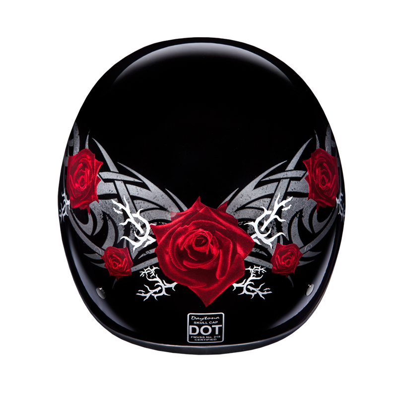 Load image into Gallery viewer, DOT Approved Daytona Motorcycle Half Face Helmet - Skull Cap Graphics for Women, Scooters, ATVs, UTVs &amp; Choppers - W/ Rose

