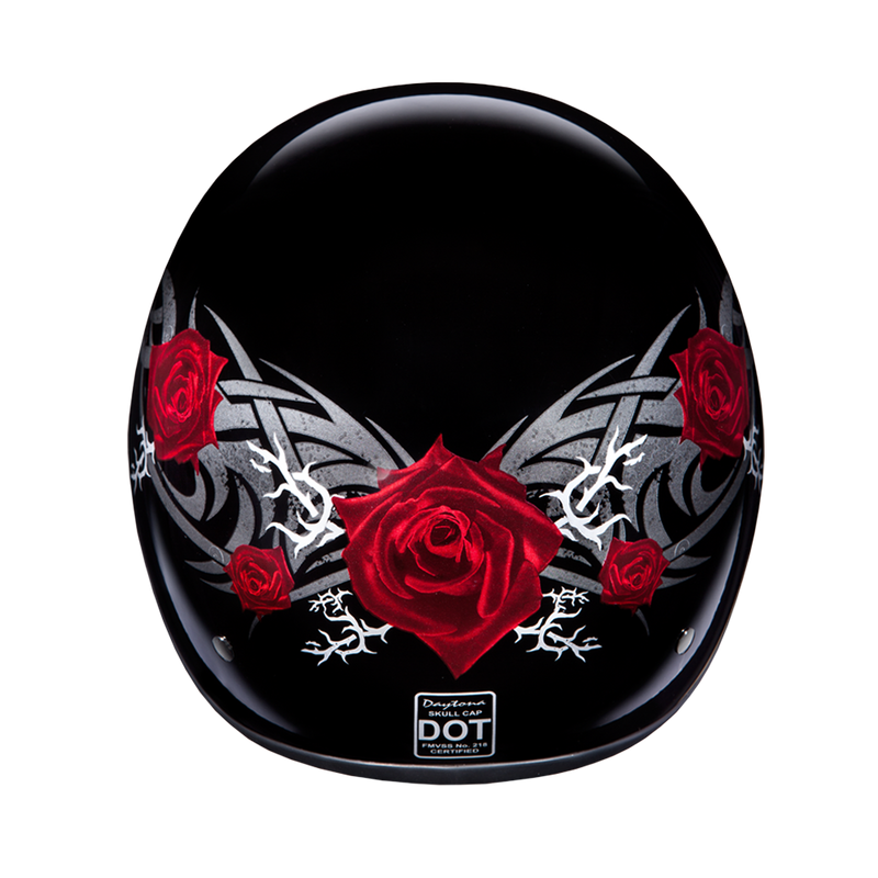 Load image into Gallery viewer, DOT Approved Daytona Motorcycle Half Face Helmet - Skull Cap Graphics for Men & Women, Scooters, ATVs, UTVs & Choppers - W/ Rose