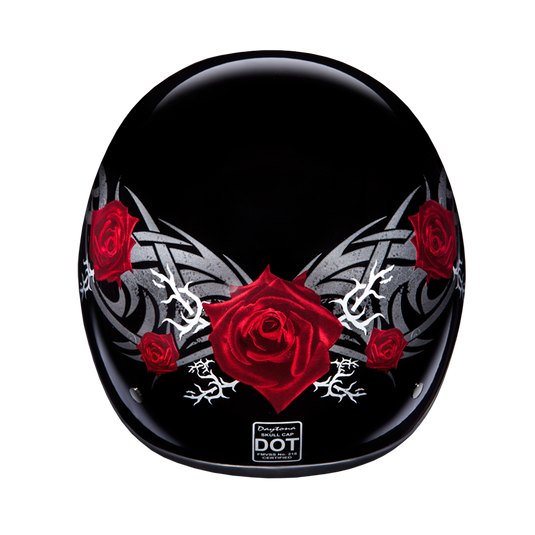 DOT Approved Daytona Motorcycle Half Face Helmet - Skull Cap Graphics for Women, Scooters, ATVs, UTVs & Choppers - W/ Rose