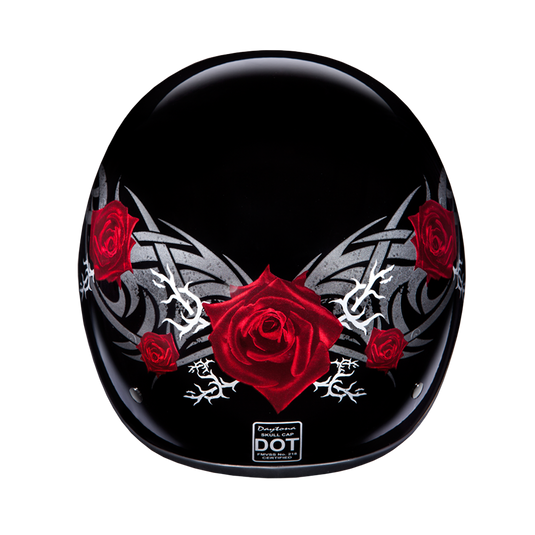 DOT Approved Daytona Motorcycle Half Face Helmet - Skull Cap Graphics for Men & Women, Scooters, ATVs, UTVs & Choppers - W/ Rose