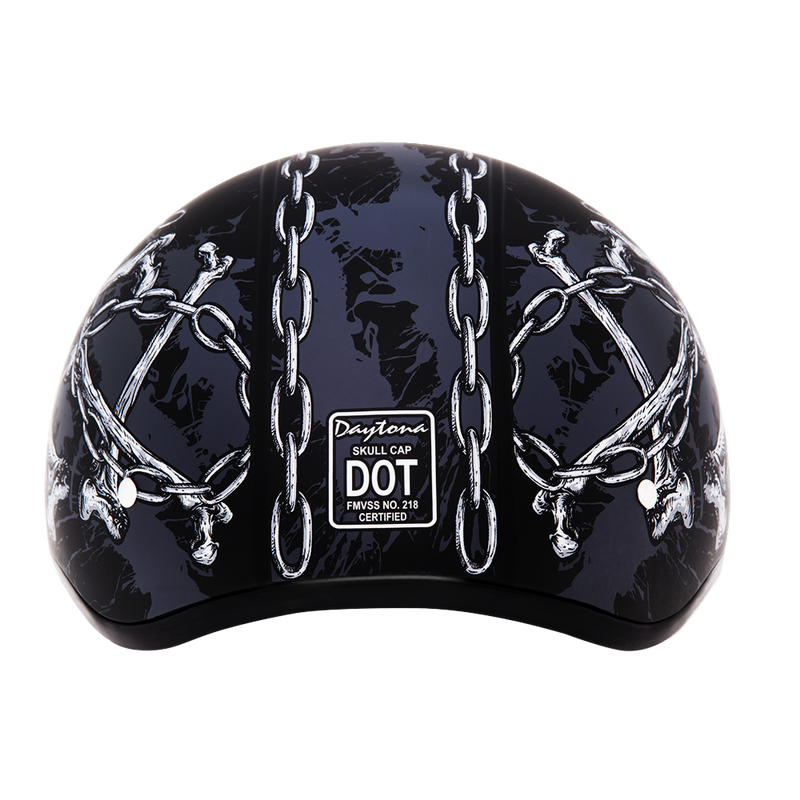 Load image into Gallery viewer, DOT Approved Daytona Motorcycle Half Face Helmet - Skull Cap Graphics for Men &amp; Women, Scooters, ATVs, UTVs &amp; Choppers - W/ Skull Chains
