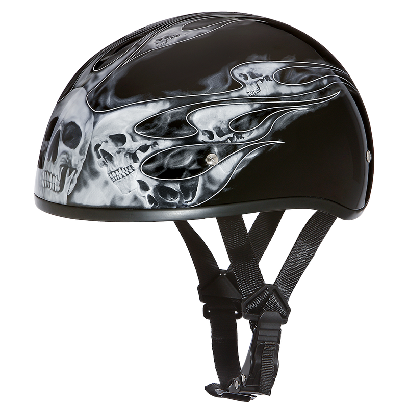 Load image into Gallery viewer, DOT Approved Daytona Motorcycle Half Face Helmet - Skull Cap Graphics for Men, Scooters, ATVs, UTVs &amp; Choppers - W/ Skull Flames Silver
