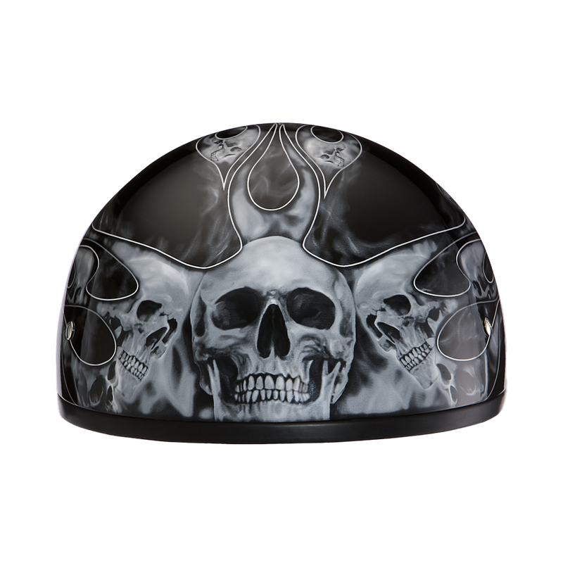 Load image into Gallery viewer, DOT Approved Daytona Motorcycle Half Face Helmet - Skull Cap Graphics for Men, Scooters, ATVs, UTVs &amp; Choppers - W/ Skull Flames Silver
