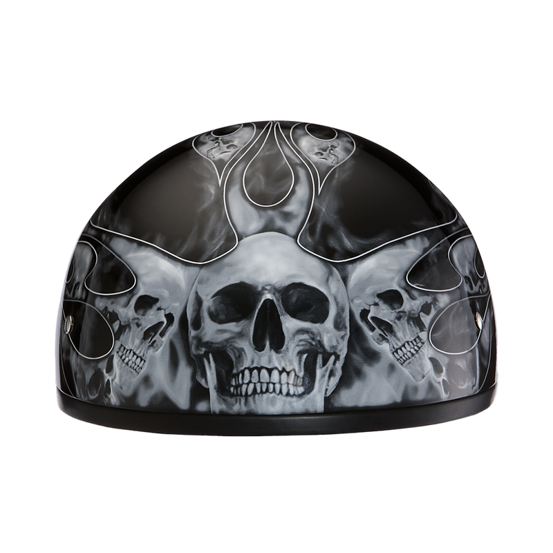 Load image into Gallery viewer, DOT Approved Daytona Motorcycle Half Face Helmet - Skull Cap Graphics for Men & Women, Scooters, ATVs, UTVs & Choppers - W/ Skull Flames Silver