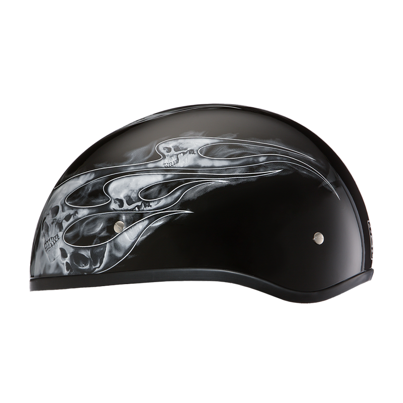 Load image into Gallery viewer, DOT Approved Daytona Motorcycle Half Face Helmet - Skull Cap Graphics for Men, Scooters, ATVs, UTVs &amp; Choppers - W/ Skull Flames Silver
