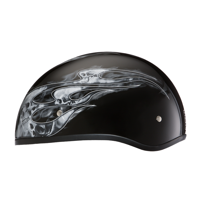 Load image into Gallery viewer, DOT Approved Daytona Motorcycle Half Face Helmet - Skull Cap Graphics for Men & Women, Scooters, ATVs, UTVs & Choppers - W/ Skull Flames Silver