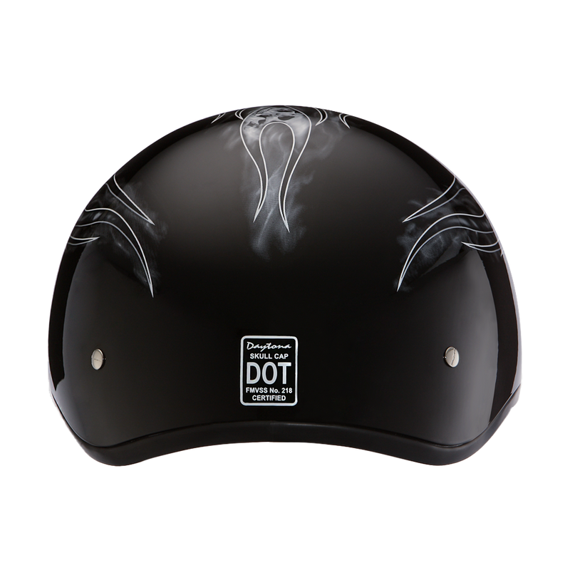 Load image into Gallery viewer, DOT Approved Daytona Motorcycle Half Face Helmet - Skull Cap Graphics for Men & Women, Scooters, ATVs, UTVs & Choppers - W/ Skull Flames Silver