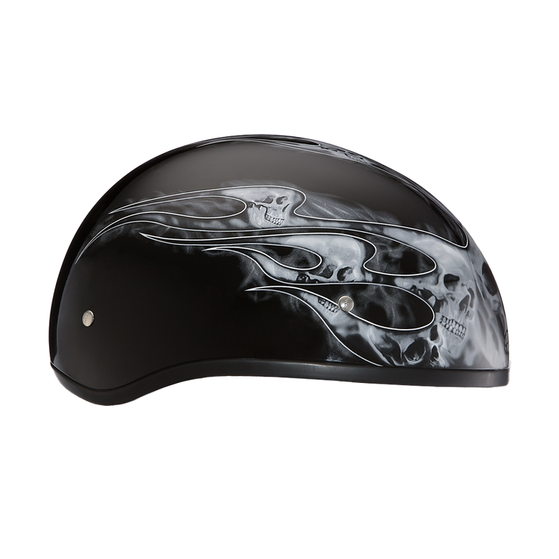 Load image into Gallery viewer, DOT Approved Daytona Motorcycle Half Face Helmet - Skull Cap Graphics for Men &amp; Women, Scooters, ATVs, UTVs &amp; Choppers - W/ Skull Flames Silver
