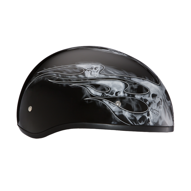 Load image into Gallery viewer, DOT Approved Daytona Motorcycle Half Face Helmet - Skull Cap Graphics for Men, Scooters, ATVs, UTVs &amp; Choppers - W/ Skull Flames Silver
