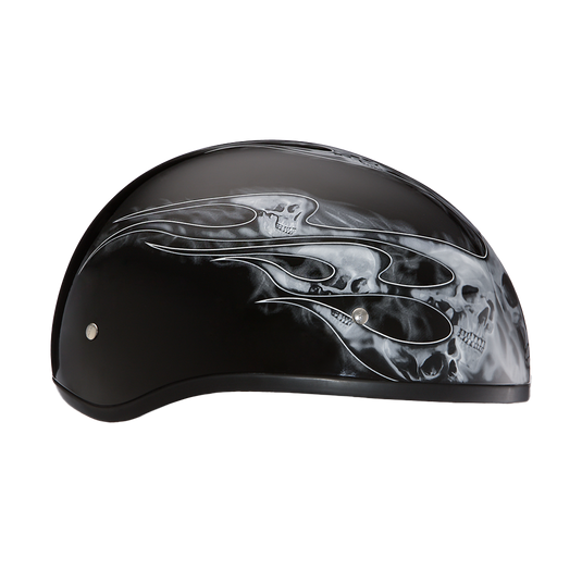 DOT Approved Daytona Motorcycle Half Face Helmet - Skull Cap Graphics for Men & Women, Scooters, ATVs, UTVs & Choppers - W/ Skull Flames Silver