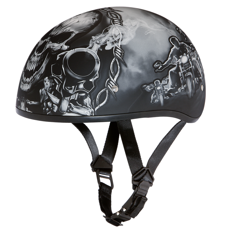 Load image into Gallery viewer, DOT Approved Daytona Motorcycle Half Face Helmet - Skull Cap Graphics for Men, Scooters, ATVs, UTVs &amp; Choppers - W/ Guns
