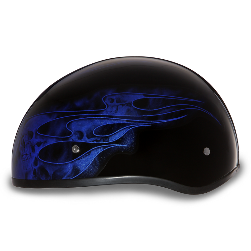 Load image into Gallery viewer, DOT Approved Daytona Motorcycle Half Face Helmet - Skull Cap Graphics for Men, Scooters, ATVs, UTVs &amp; Choppers - W/ Skull Flames Blue
