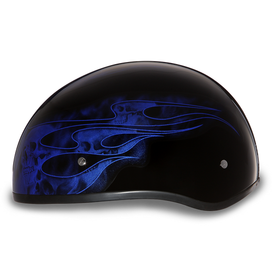 DOT Approved Daytona Motorcycle Half Face Helmet - Skull Cap Graphics for Men, Scooters, ATVs, UTVs & Choppers - W/ Skull Flames Blue