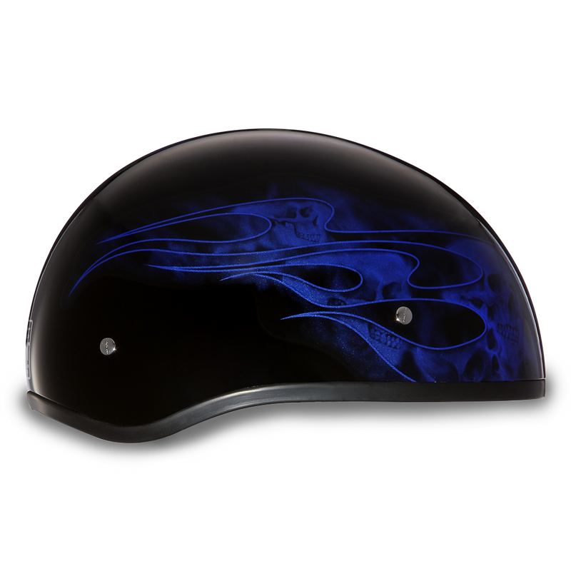 Load image into Gallery viewer, DOT Approved Daytona Motorcycle Half Face Helmet - Skull Cap Graphics for Men &amp; Women, Scooters, ATVs, UTVs &amp; Choppers - W/ Skull Flames Blue
