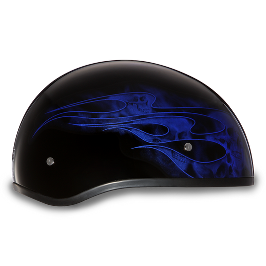 DOT Approved Daytona Motorcycle Half Face Helmet - Skull Cap Graphics for Men, Scooters, ATVs, UTVs & Choppers - W/ Skull Flames Blue