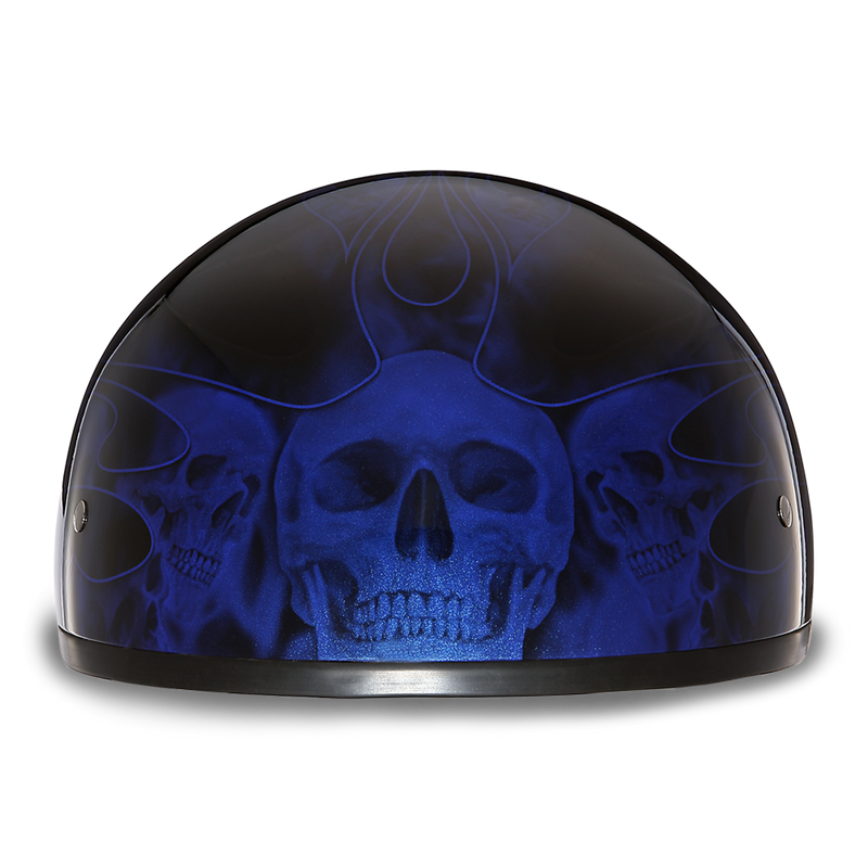 Load image into Gallery viewer, DOT Approved Daytona Motorcycle Half Face Helmet - Skull Cap Graphics for Men &amp; Women, Scooters, ATVs, UTVs &amp; Choppers - W/ Skull Flames Blue
