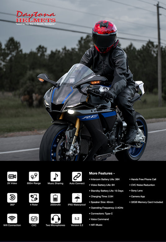 Daytona Helmets Motorcycle Bluetooth Headset - Motorcycle Communication System For All Types of Helmets - Cam