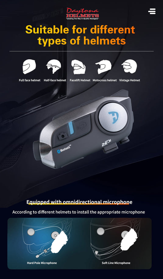 Daytona Helmets Motorcycle Bluetooth Headset - Motorcycle Communication System For All Types of Helmets - Cam