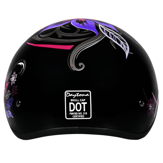 DOT Approved Daytona Motorcycle Half Face Helmet - Skull Cap Graphics for Men & Women, Scooters, ATVs, UTVs & Choppers - W/ Flowers