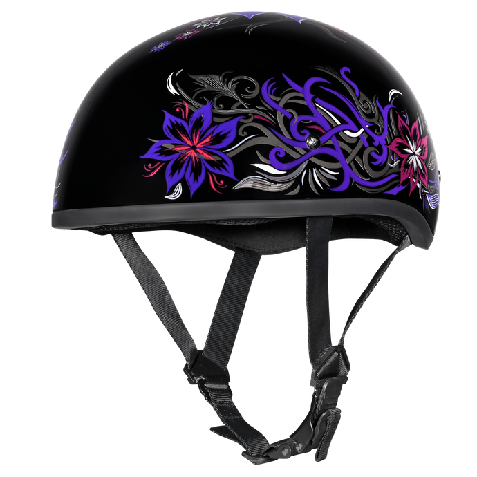 DOT Approved Daytona Motorcycle Half Face Helmet - Skull Cap Graphics for Men & Women, Scooters, ATVs, UTVs & Choppers - W/ Flowers