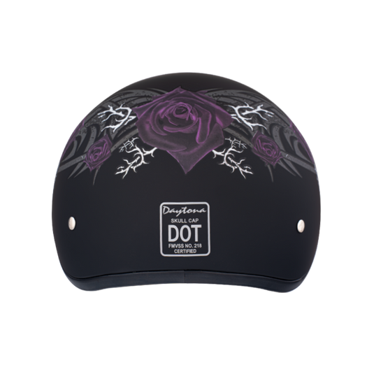 DOT Approved Daytona Motorcycle Half Face Helmet - Skull Cap Graphics for Men & Women, Scooters, ATVs, UTVs & Choppers - W/ Purple Rose