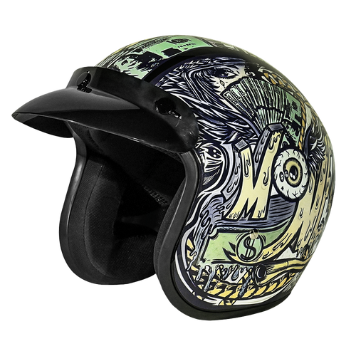 DOT Approved Daytona Cruiser Open Face Motorcycle Helmet - Men, Women & Youth - With Visor & Graphics - W/ Money