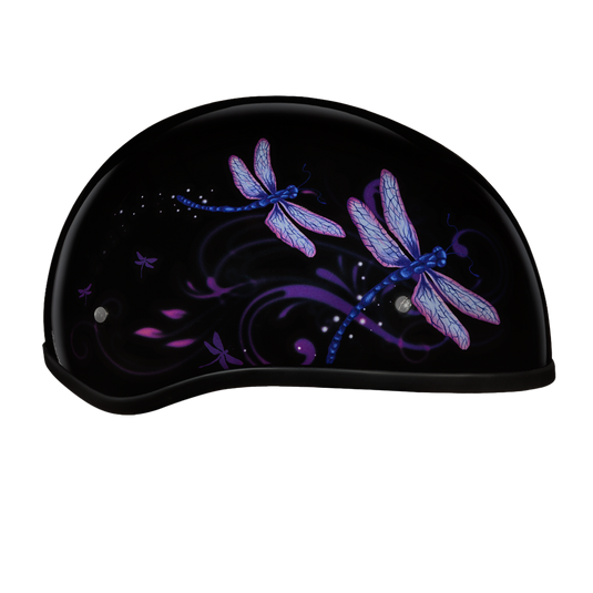 DOT Approved Daytona Motorcycle Half Face Helmet - Skull Cap Graphics for Women, Scooters, ATVs, UTVs & Choppers - W/ Dragonfly