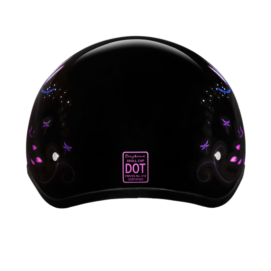 DOT Approved Daytona Motorcycle Half Face Helmet - Skull Cap Graphics for Men & Women, Scooters, ATVs, UTVs & Choppers - W/ Dragonfly
