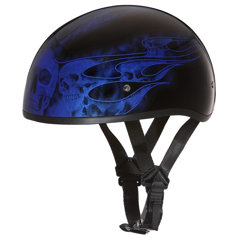 Load image into Gallery viewer, DOT Approved Daytona Motorcycle Half Face Helmet - Skull Cap Graphics for Men, Scooters, ATVs, UTVs &amp; Choppers - W/ Skull Flames Blue
